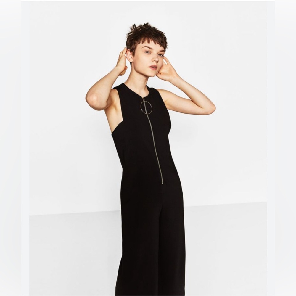 Zara Sz S Black Crepe Jumpsuit Wide Leg Crop Zip Front Sleeveless small